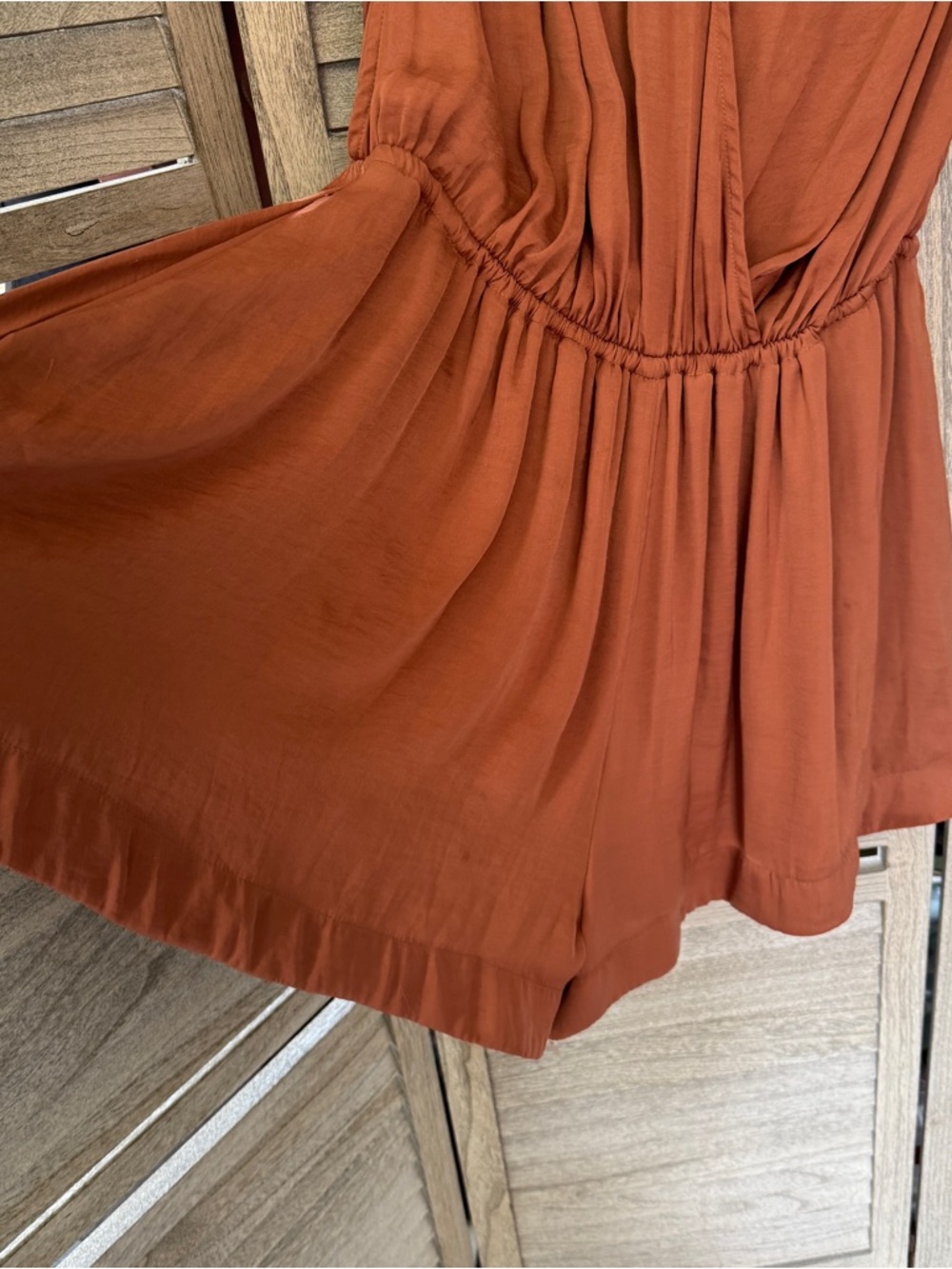 Free People Rust Terracotta Romper Deep V-Neck Drawstring Ruched Straps Size L - Picture 4 of 7